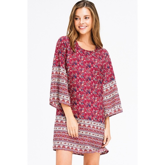 Burgundy Floral Ethnic Print Boho Mini Dress - Picture 3 of 5